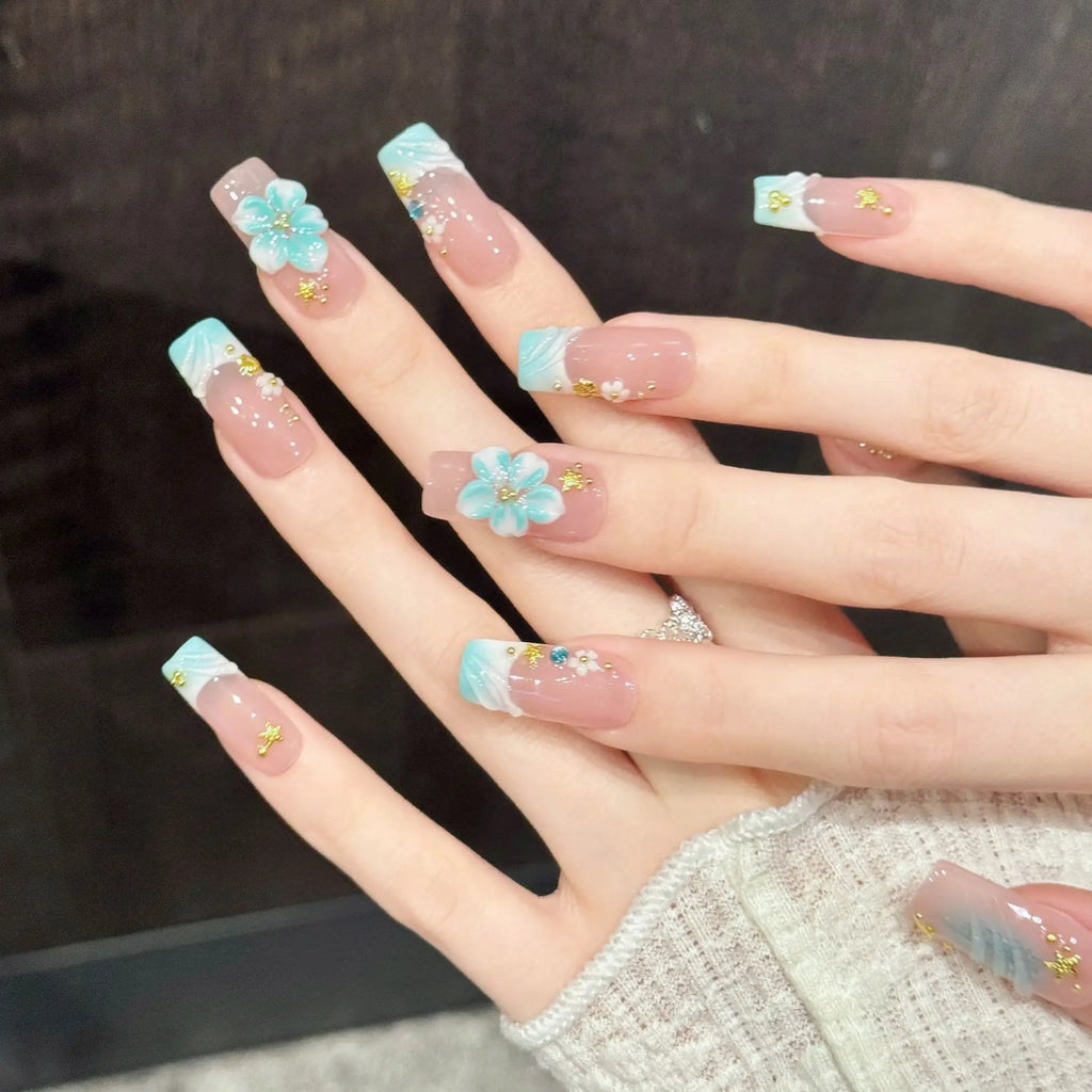 Faux ongles à pression Carré Moyen Rose Bleu Contraste Vent Océanique - Faits main (Lot de 10)