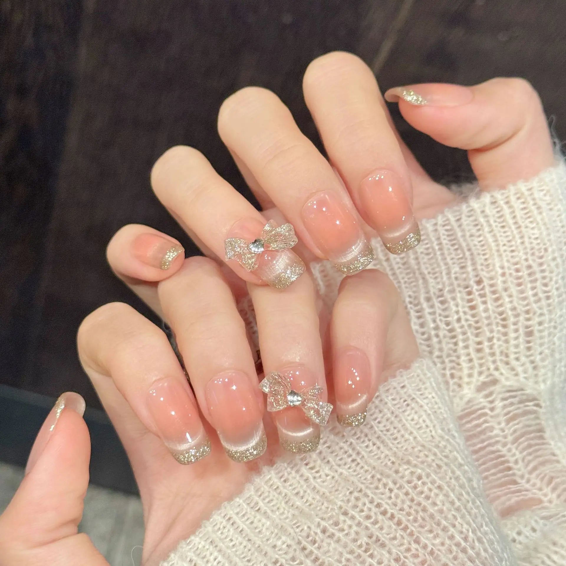 Faux ongles à pression Carré Moyen Rose Doré French Strass - Faits main (Lot de 10)