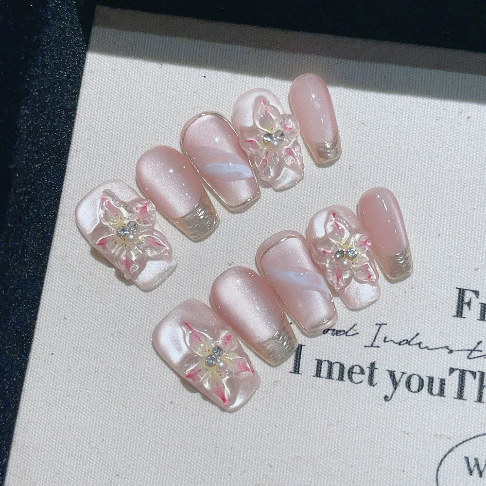 Faux ongles à pression Rose Nacré Fleur Transparente Strass - Ballerine – Faits main (Lot de 10)
