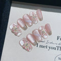 Faux ongles à pression Rose Nacré Fleur Transparente Strass - Ballerine – Faits main (Lot de 10)