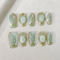 Faux ongles à pression Jade Vert Doré – Ballerine - Faits main (Lot de 10)
