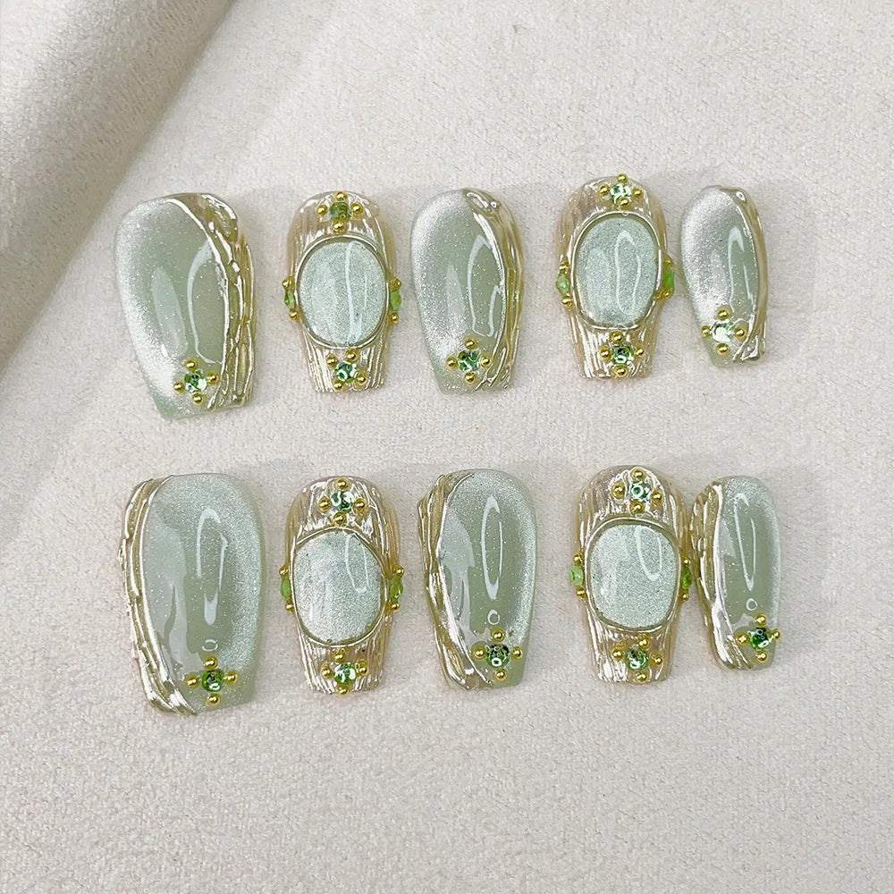 Faux ongles à pression Jade Vert Doré – Ballerine - Faits main (Lot de 10)
