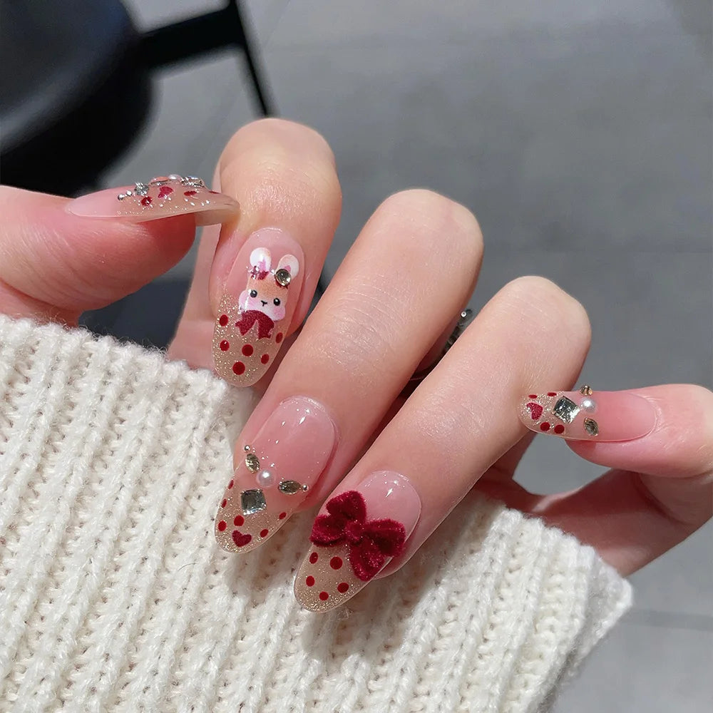 Faux ongles à pression en Amande - Nude Lapin Nœud Rouge Strass – Faits main (Lot de 10)
