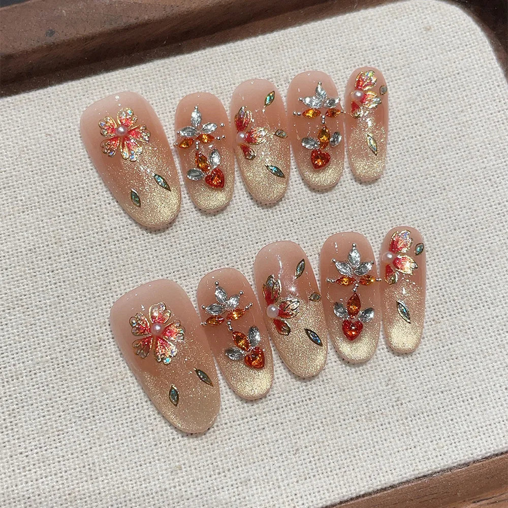 Faux ongles à pression en Amande - Nude Doré Fleurs Strass Multicolores – Faits main (Lot de 10)