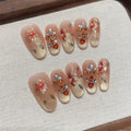 Faux ongles à pression en Amande - Nude Doré Fleurs Strass Multicolores – Faits main (Lot de 10)