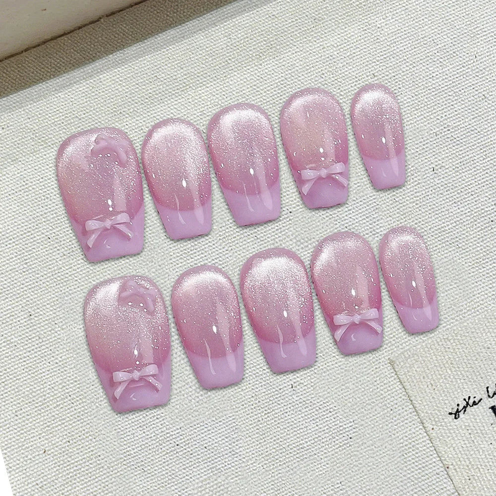 Faux ongles à pression Rose French Pailleté Nœud Blanc - Ballerine – Faits main (Lot de 10)
