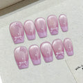 Faux ongles à pression Rose French Pailleté Nœud Blanc - Ballerine – Faits main (Lot de 10)