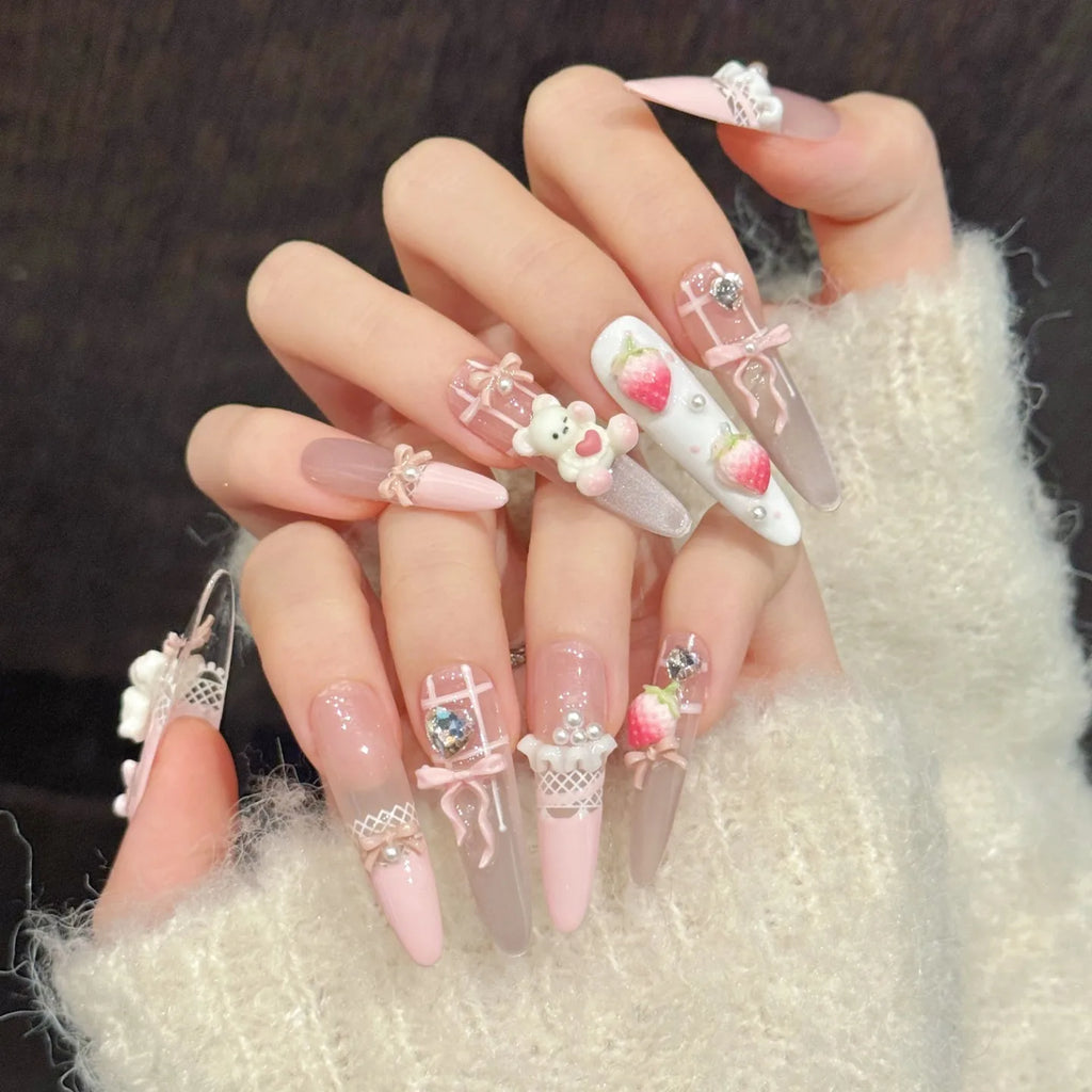 Faux ongles à pression Stiletto Long Rose Poudré Fraise Ourson Kawaii - Faits main (Lot de 10)