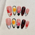Faux ongles à pression Amande Moyen Rose Blanc Fleurs Sculptées Sweet Cool - Faits main (Lot de 10)