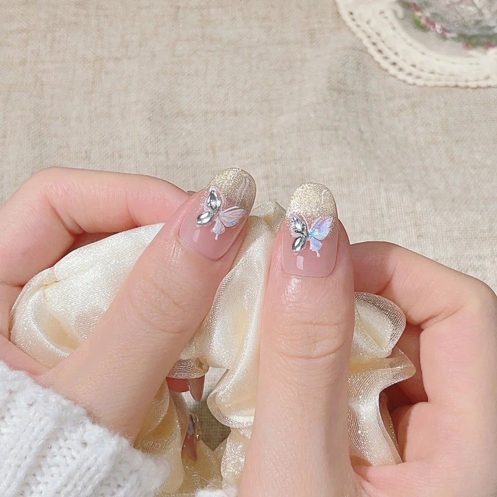 Faux ongles à pression Ovales - Champagne Pailleté Papillon Argenté – Faits main (Lot de 10)