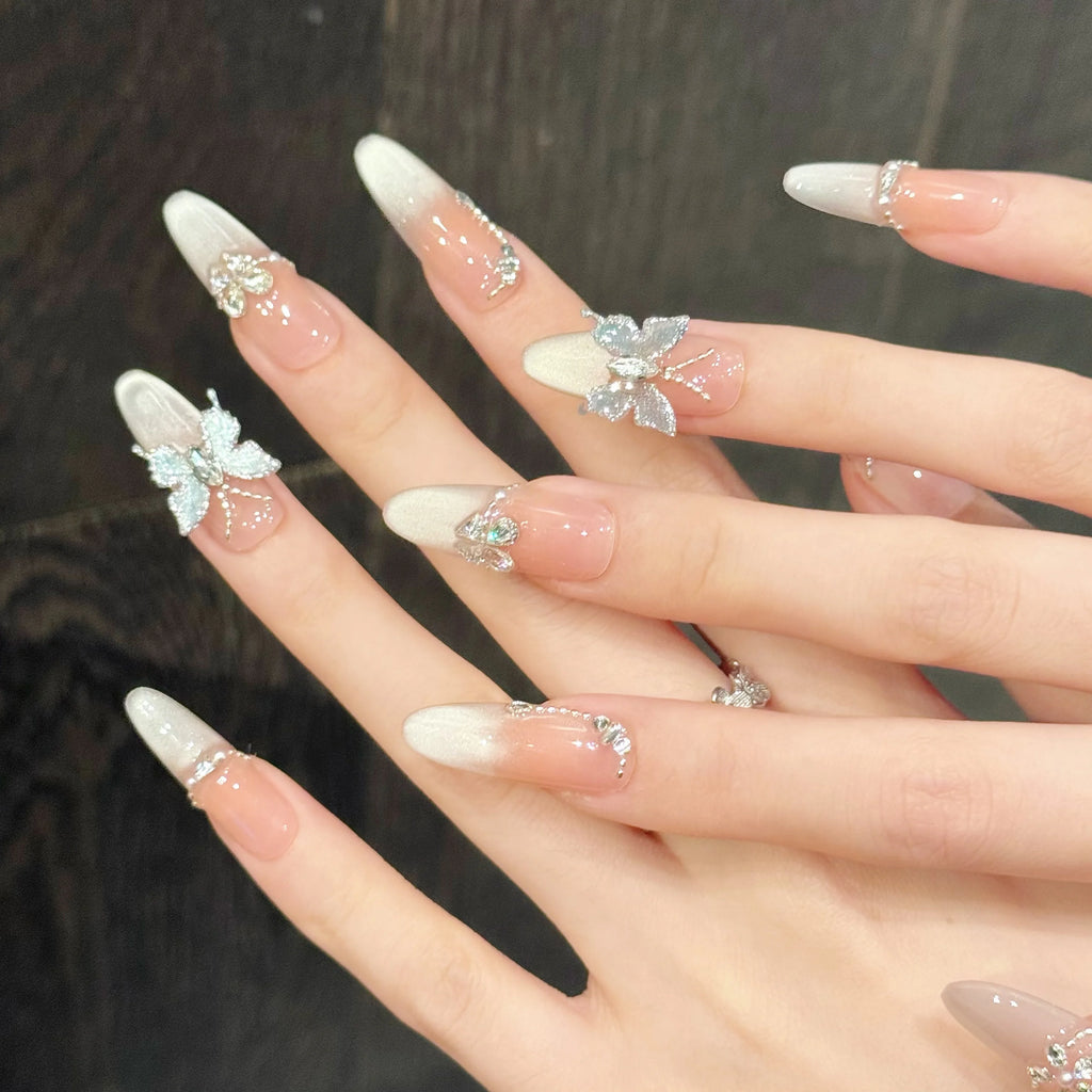 Faux ongles à pression Ovale Long Papillon Effet Miroir Changeant - Faits main (Lot de 10)