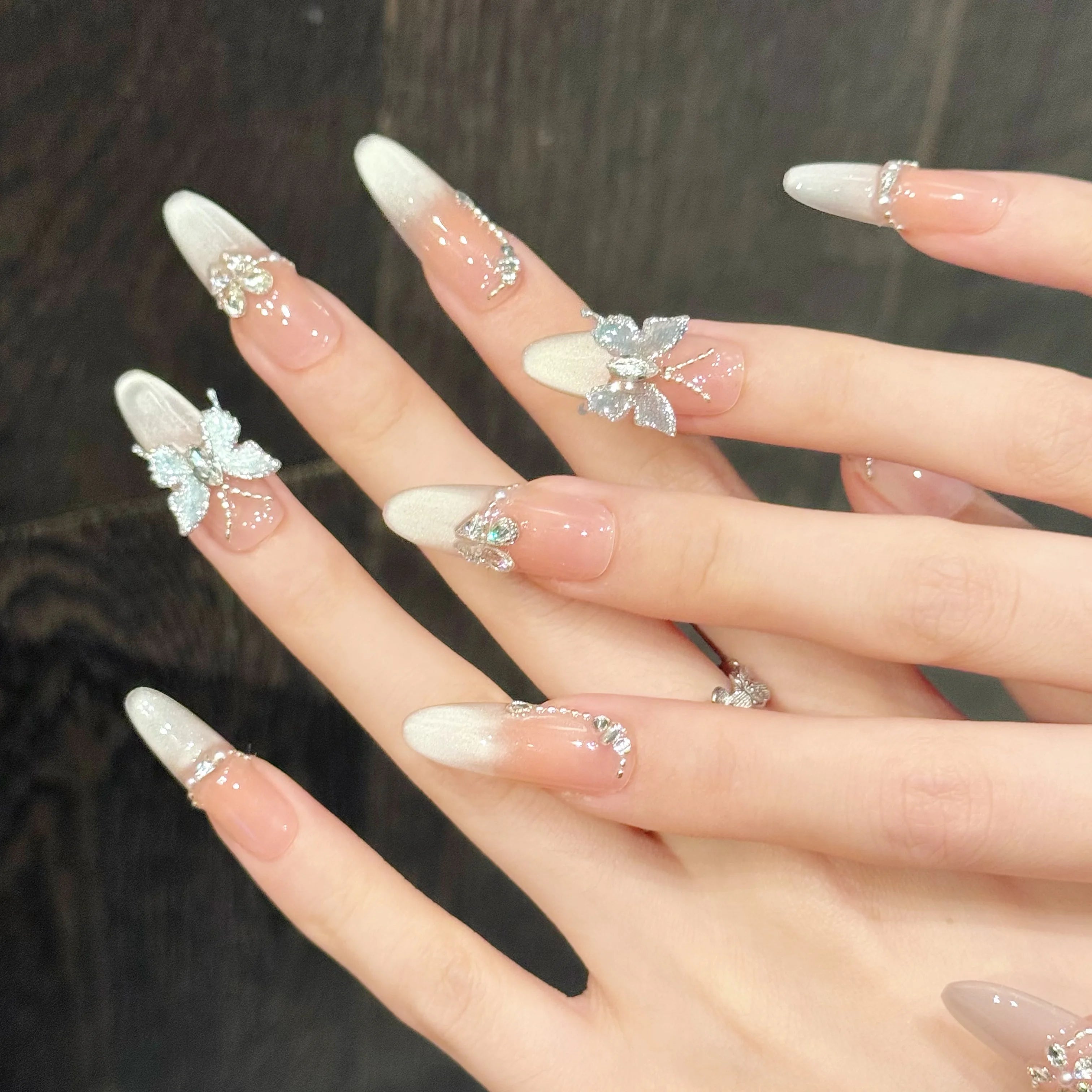 Faux ongles à pression Ovale Long Papillon Effet Miroir Changeant - Faits main (Lot de 10)