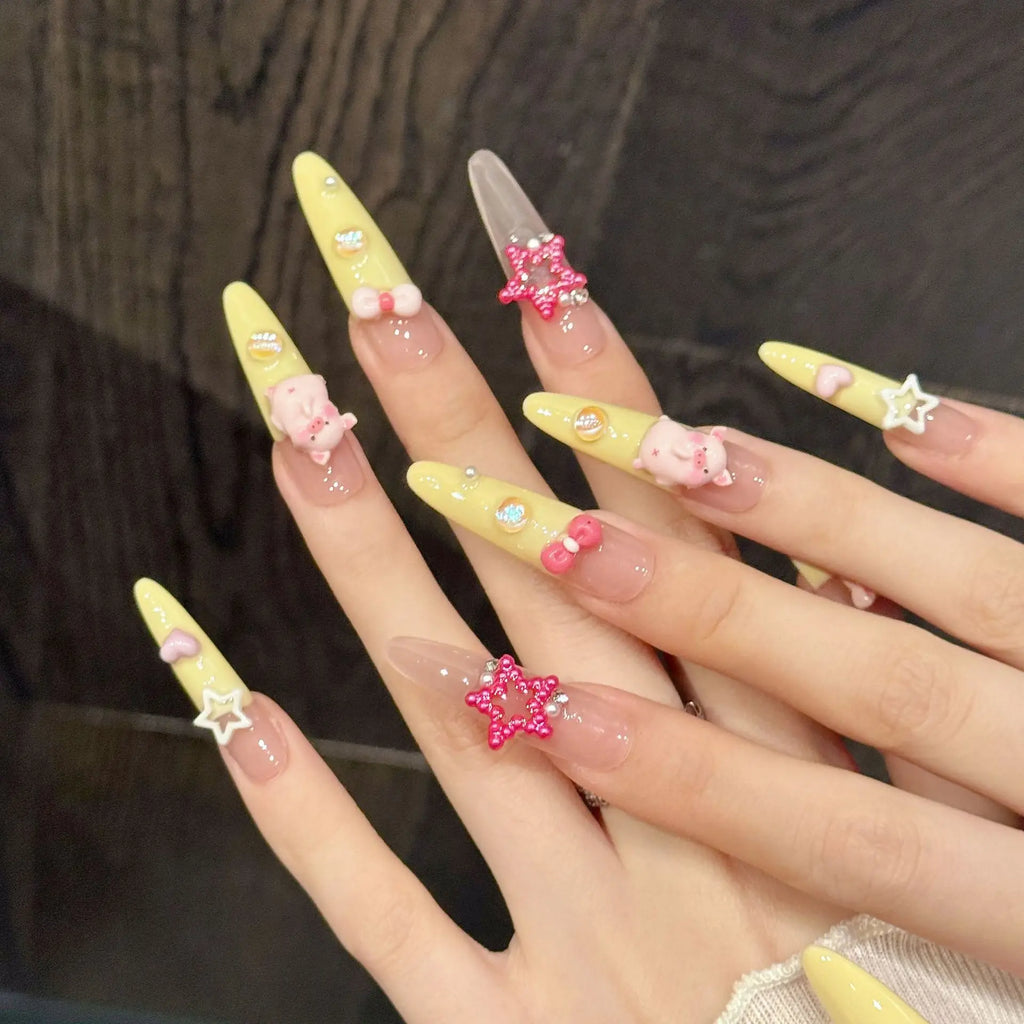 Faux ongles à pression Stiletto Long Rose Jaune Cochon 3D Sculpté - Faits main (Lot de 10)