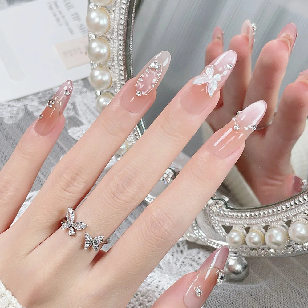 Faux ongles à pression Ovales - Dégradé Pêche Rose Papillon Cristal – Faits main (Lot de 10)