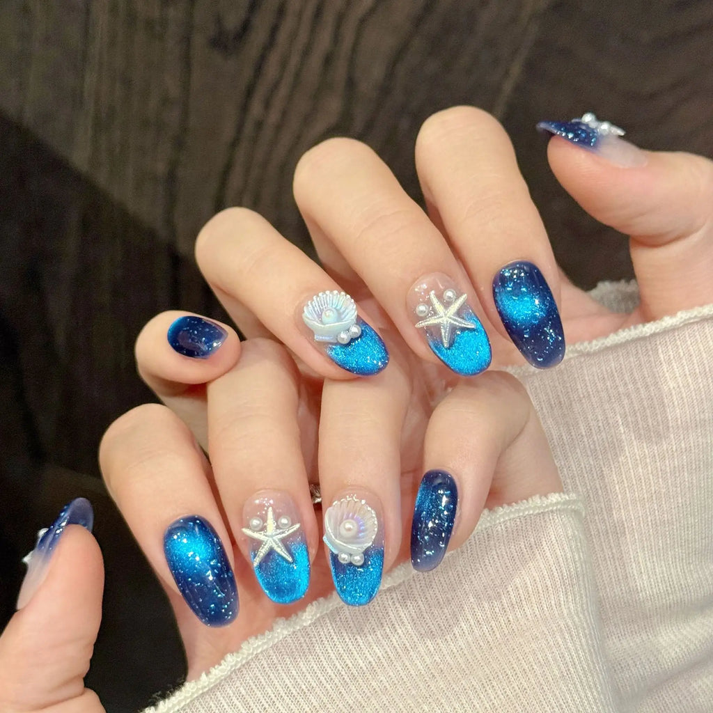 Faux ongles à pression Amande Moyen Bleu Étoile de Mer Vent Océanique - Faits main (Lot de 10)