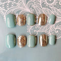 Faux ongles à pression Carré Arrondi Court Vert Céladon Paillettes Dorées Marbré – Faits main (Lot de 10)