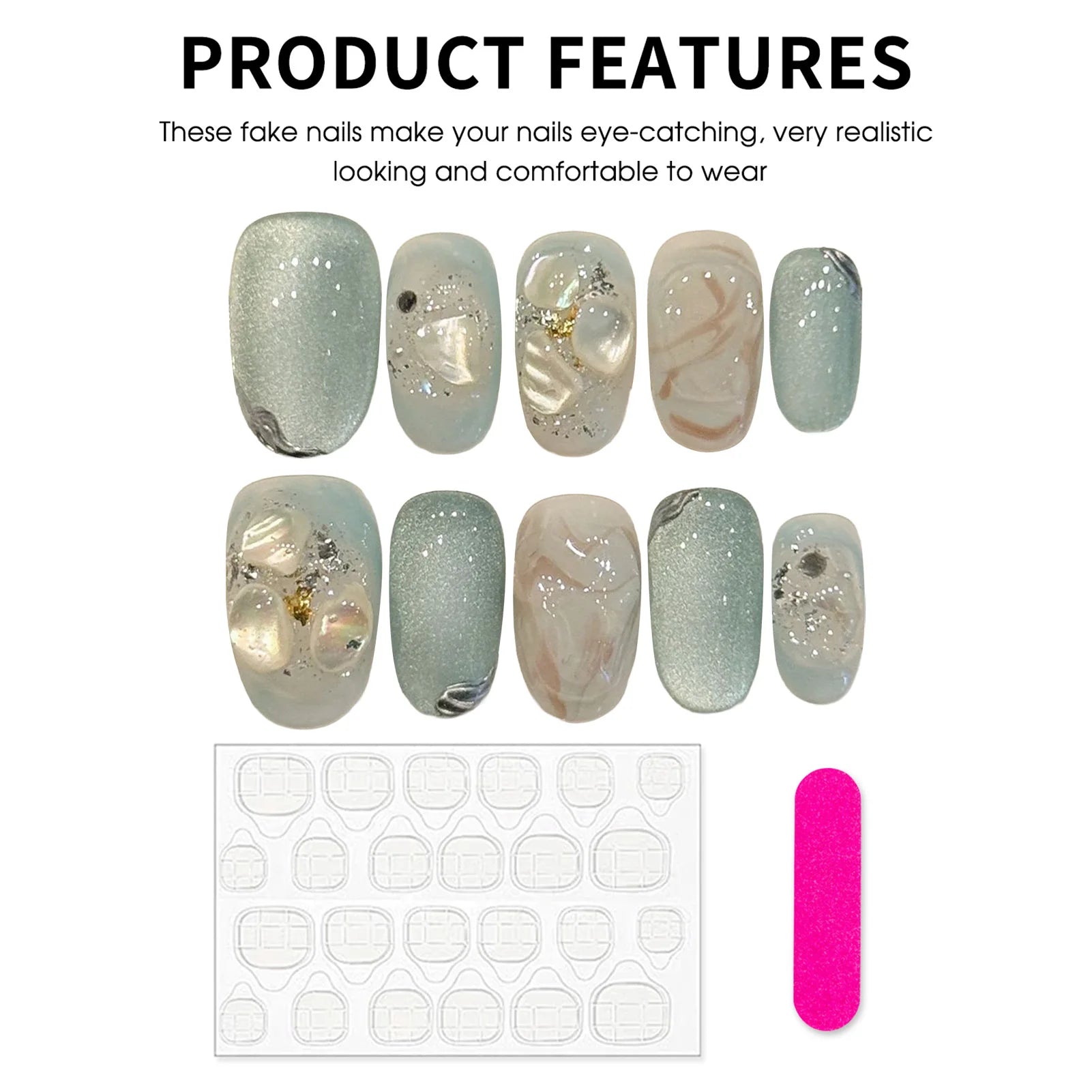 Faux ongles à pression Ovale Court Bleu Glacé Perles et Strass - Faits main (Lot de 10)
