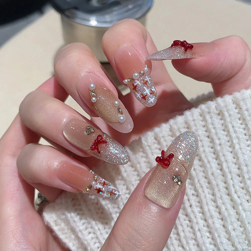 Faux ongles à pression Ovale Long Rose Dégradé Nœud Bling Bling Noble - Faits main (Lot de 10)