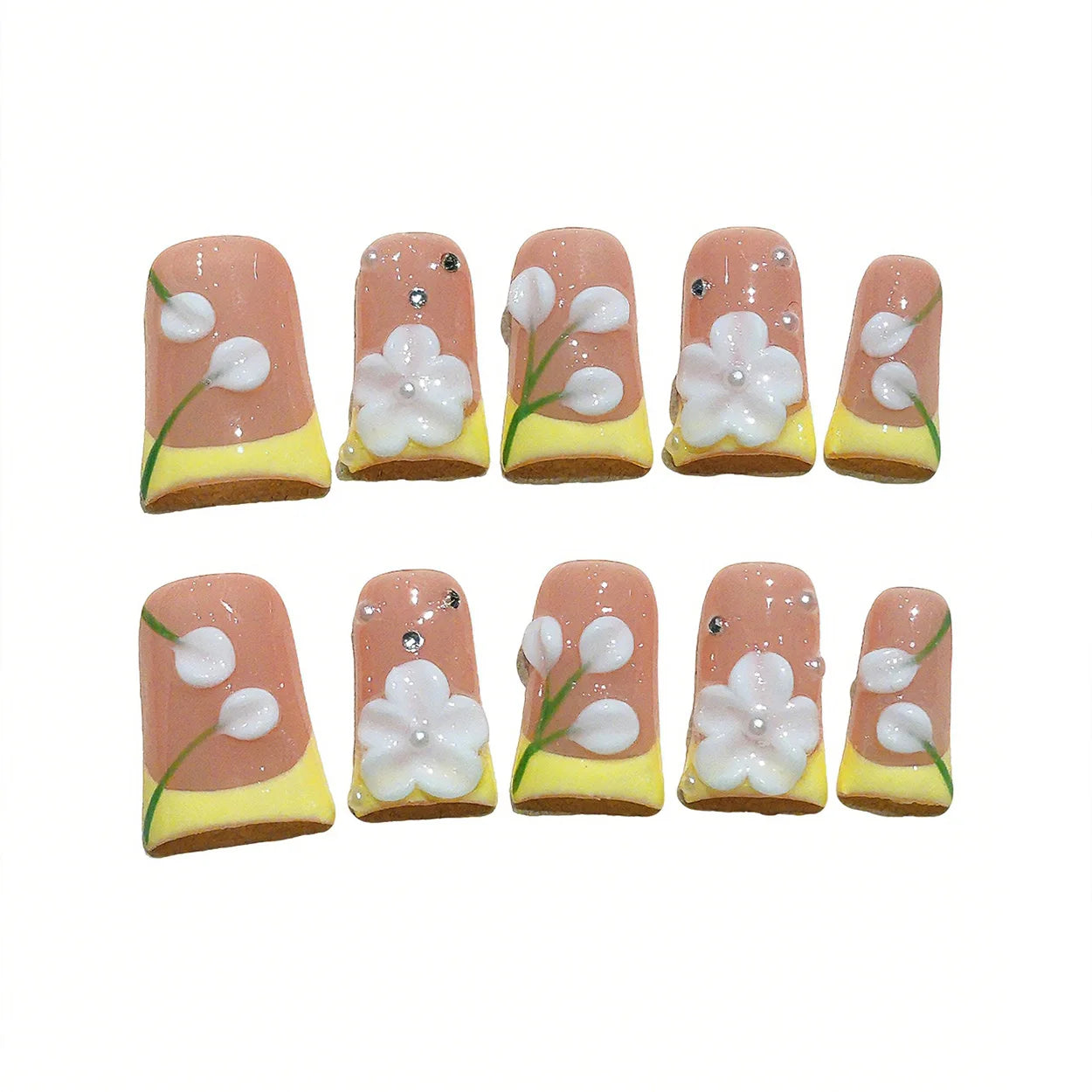 Faux ongles à pression Pêche French Jaune Fleur Blanche 3D - Duck Nails– Faits main (Lot de 10)