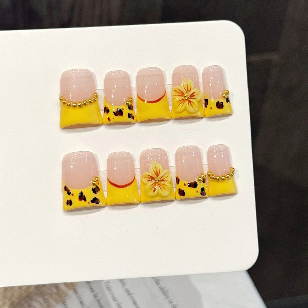 Faux ongles à pression Duck Jaune French Fleurs de Sakura - Faits main (Lot de 10)
