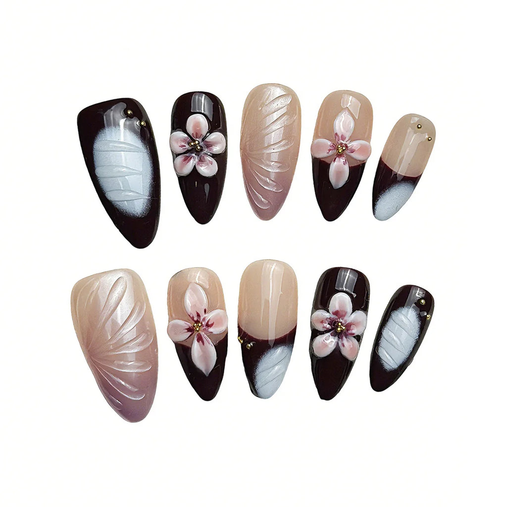 Faux ongles à pression Noir Nude Fleur Sakura – Amande - Faits main (Lot de 10)