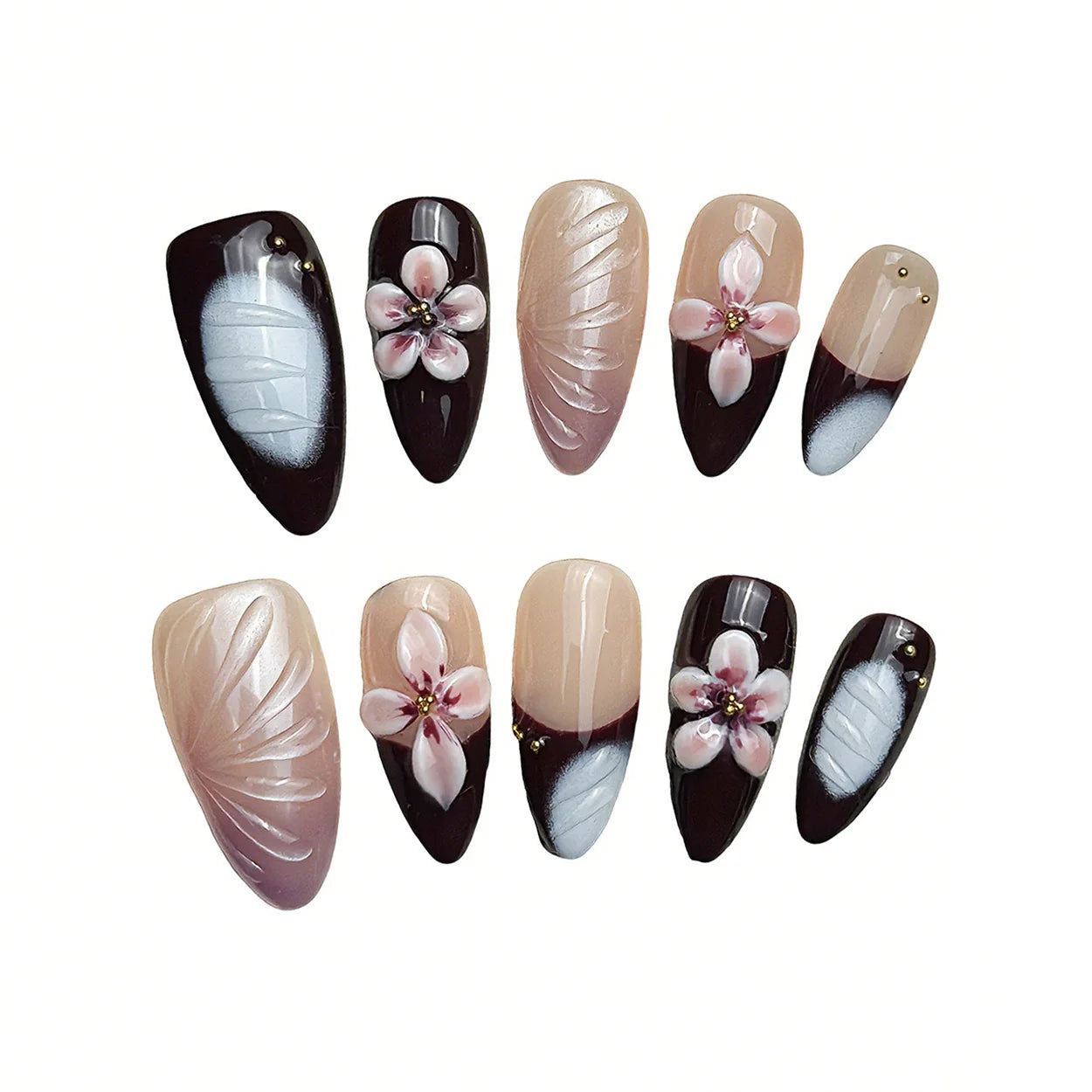 Faux ongles à pression Noir Nude Fleur Sakura – Amande - Faits main (Lot de 10)