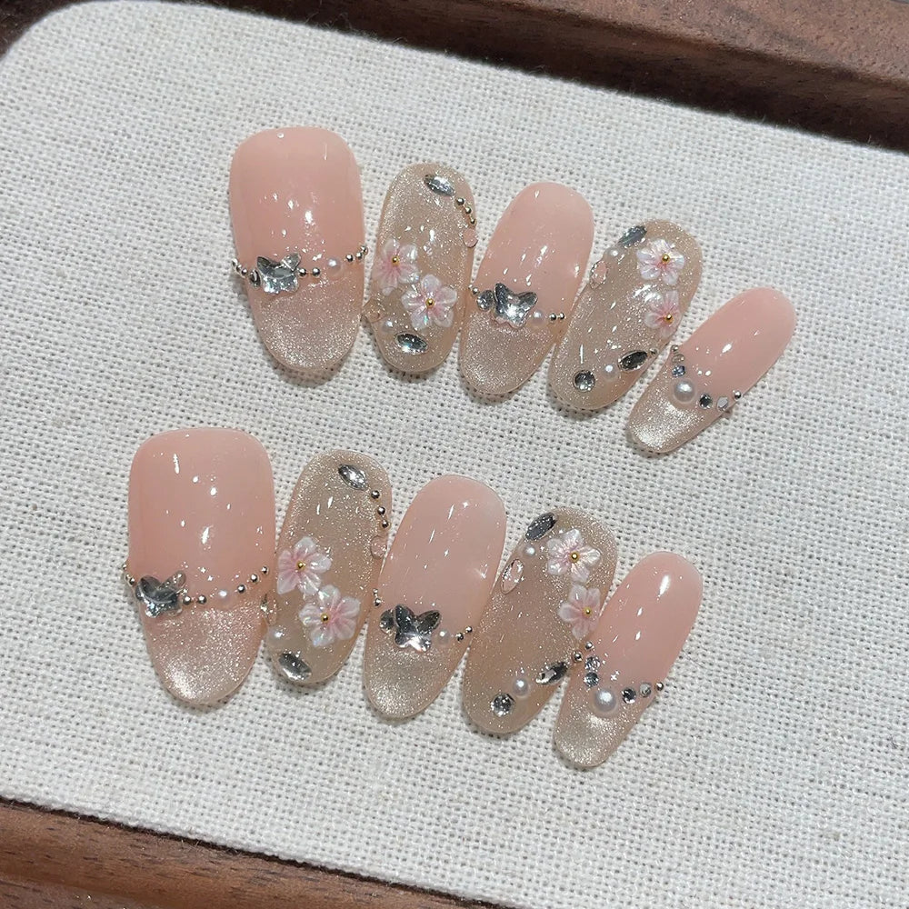 Faux ongles à pression Ovales - Rose Pêche Fleur Étoile – Faits main (Lot de 10)