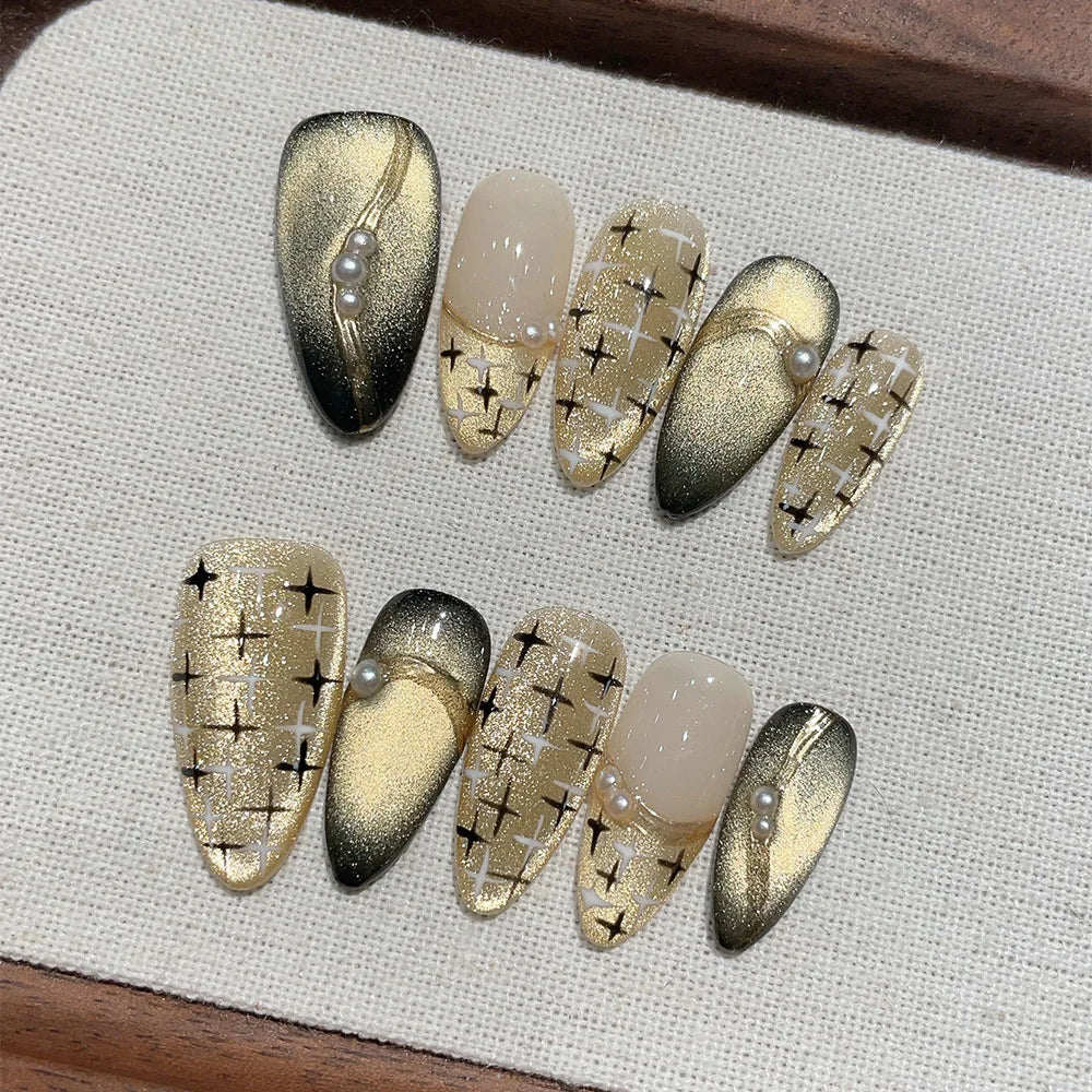 Faux ongles à pression Amande Long Doré Dégradé Ourlet Glamour - Faits main (Lot de 10)