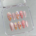 Faux ongles à pression Amande Moyen Rose Effet Miroir Strass - Faits main (Lot de 10)