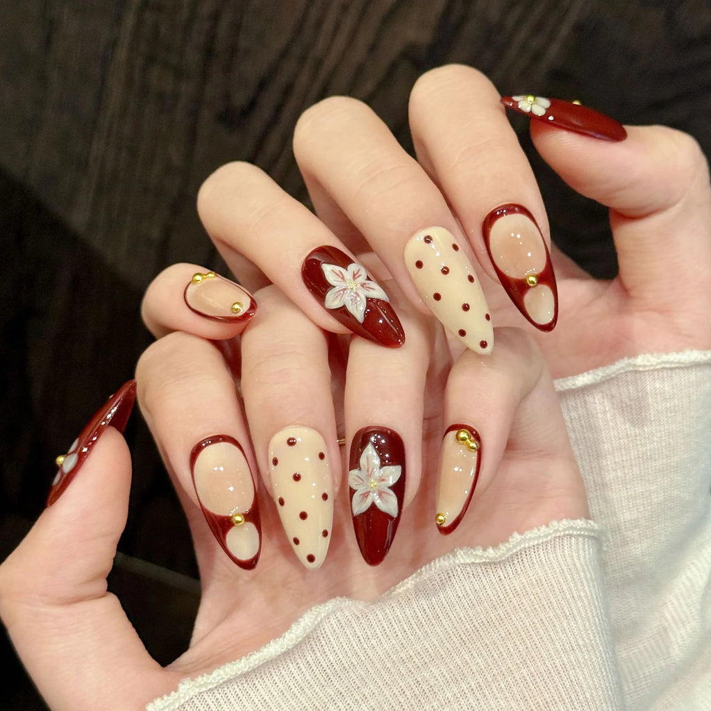 Faux ongles à pression Amande Bordeaux Pois Blancs Sculptés - Faits main (Lot de 10)