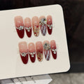 Faux ongles à pression Rouge Glamour et Cristaux - Faits main (Lot de 10)