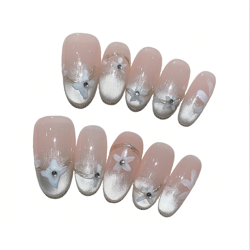 Faux ongles à pression Nude Doré Fleur Grise Strass – Faits main (Lot de 10)