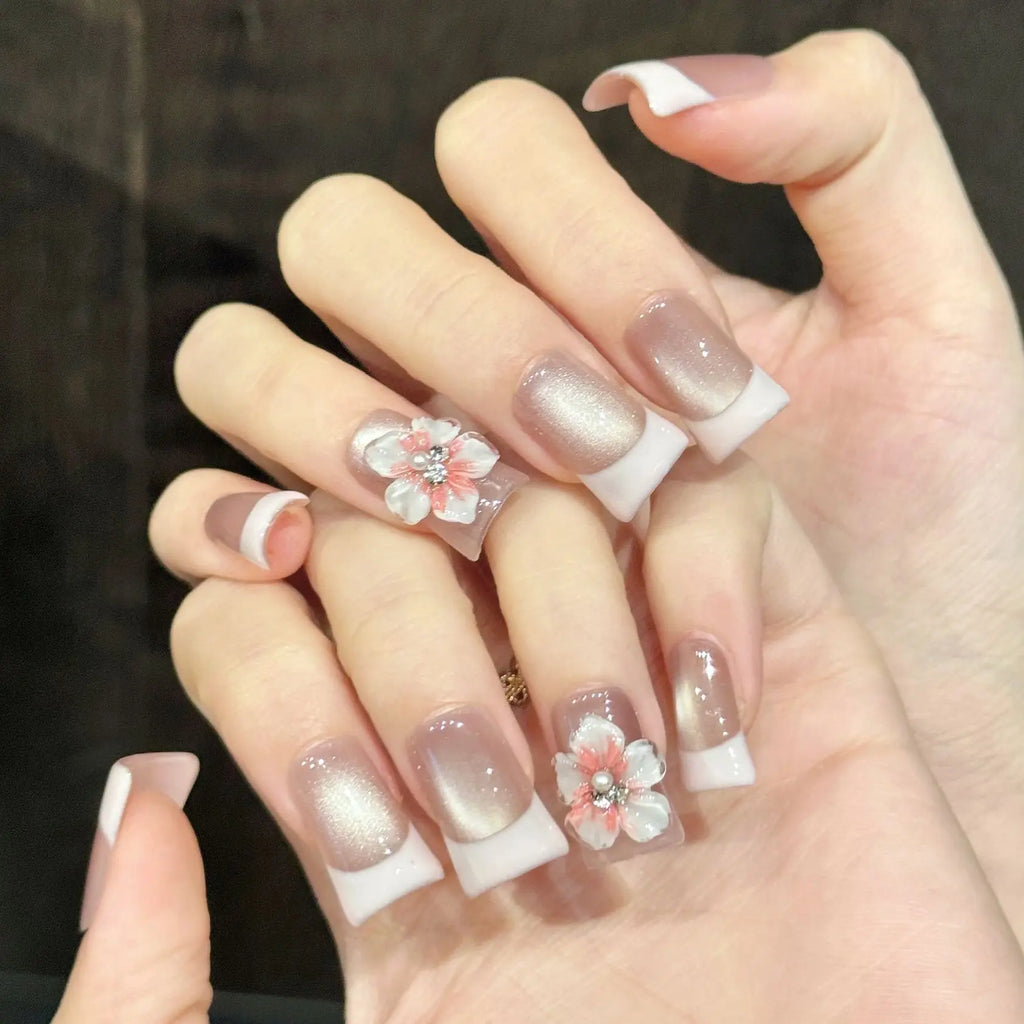 Faux ongles à pression Duck Beige Rosé French Effet Miroir Sculptés - Faits main (Lot de 10)