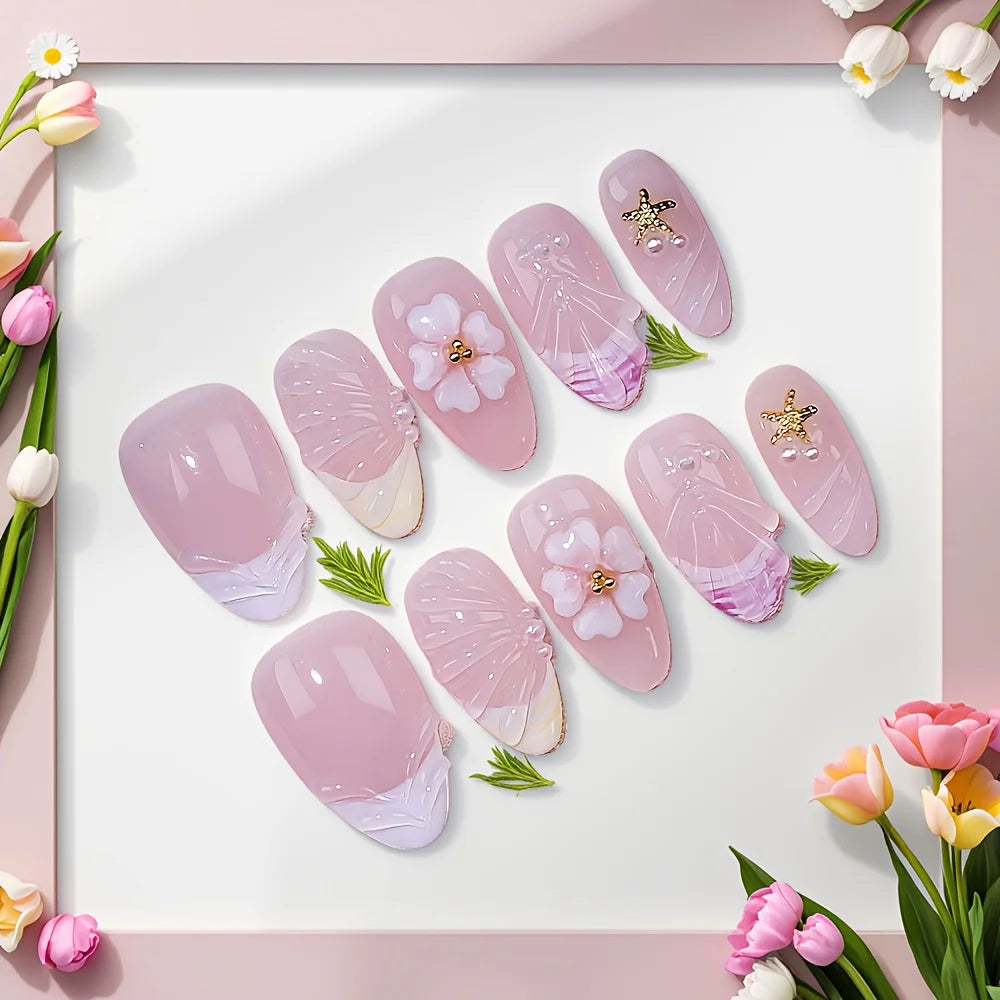 Faux ongles à pression en Amande French Rose et Fleurs – Faits main (Lot de 10)