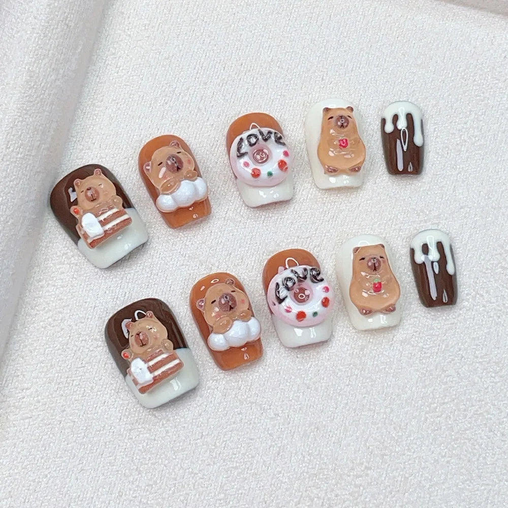 Faux ongles à pression - Carré Arrondie -Capybara Chocolat Love – Faits main (Lot de 10)