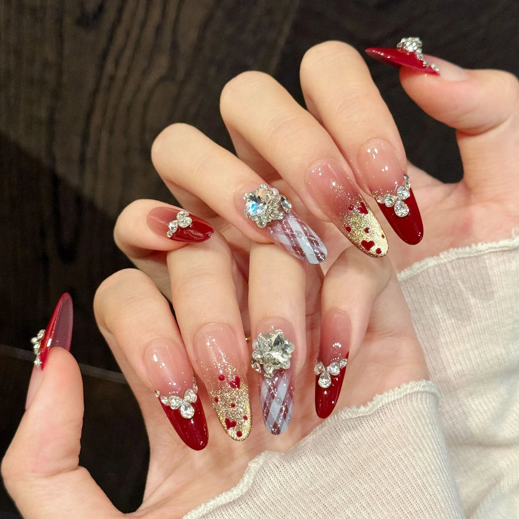 Faux ongles à pression Rouge Glamour et Cristaux - Faits main (Lot de 10)