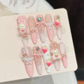 Faux ongles à pression Stiletto Long Rose Poudré Ourson Cartoon Kawaii Rêveur - Faits main (Lot de 10)