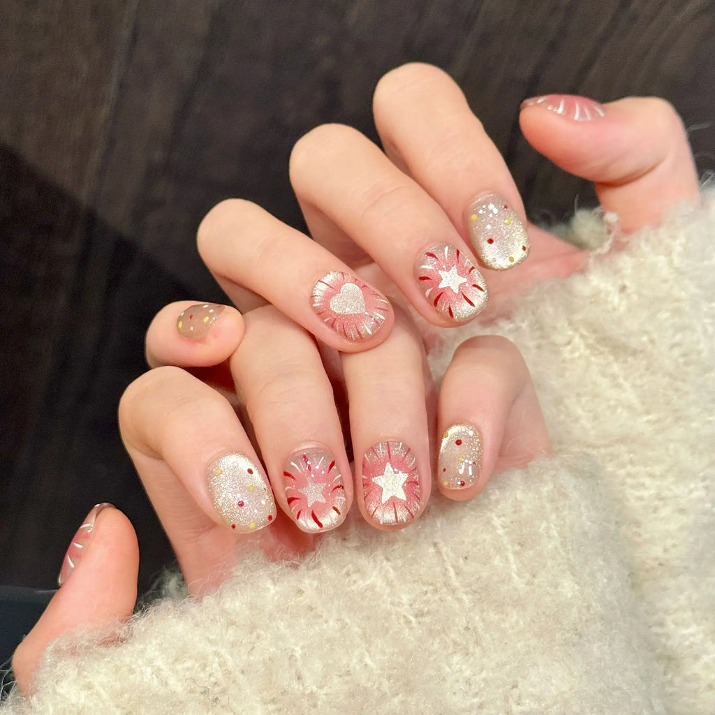 Faux ongles à pression Carré Rose Cœurs et Étoiles - Faits main (Lot de 10)