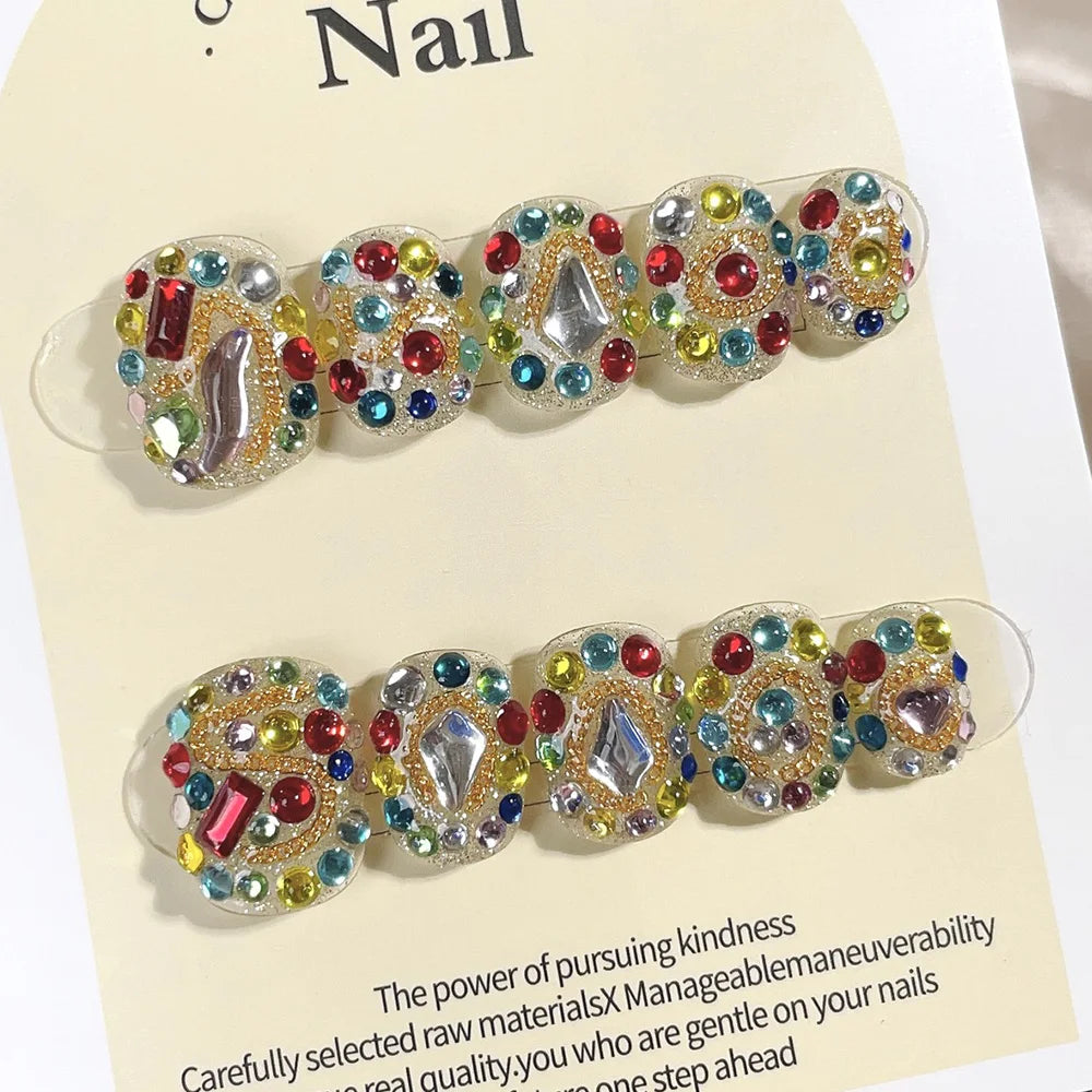 Faux ongles à pression -Carré Arrondie - Strass Multicolores Luxe – Faits main (Lot de 10)
