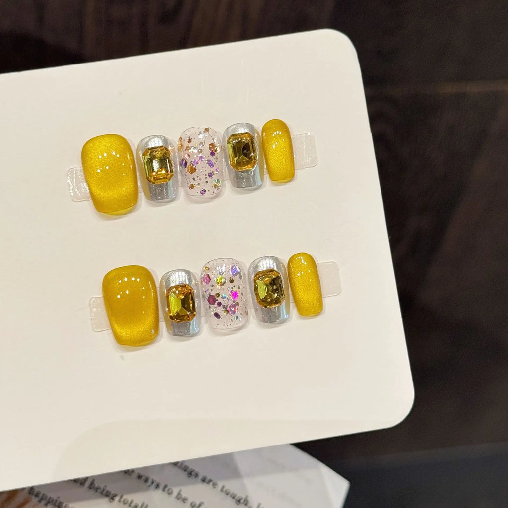 Faux ongles à pression Carré Moyen Doré Pailleté Œil de Chat Miroir Magique - Faits main (Lot de 10)