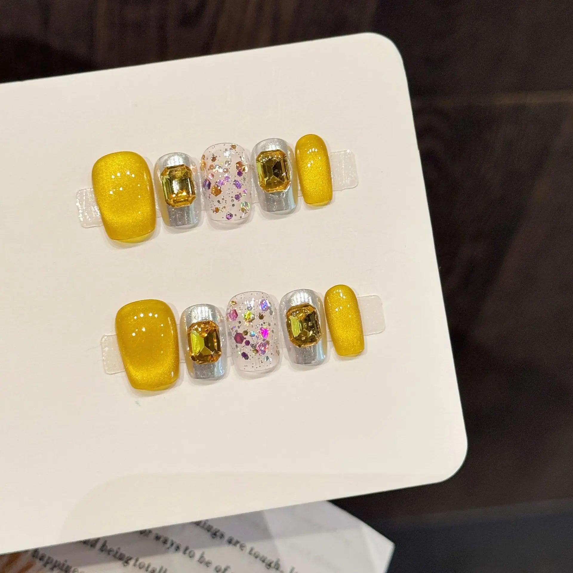 Faux ongles à pression Carré Moyen Doré Pailleté Œil de Chat Miroir Magique - Faits main (Lot de 10)