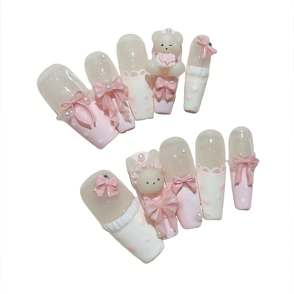 Faux ongles à pression Blanc Rose Ourson Nœud – Ballerine - Faits main (Lot de 10)