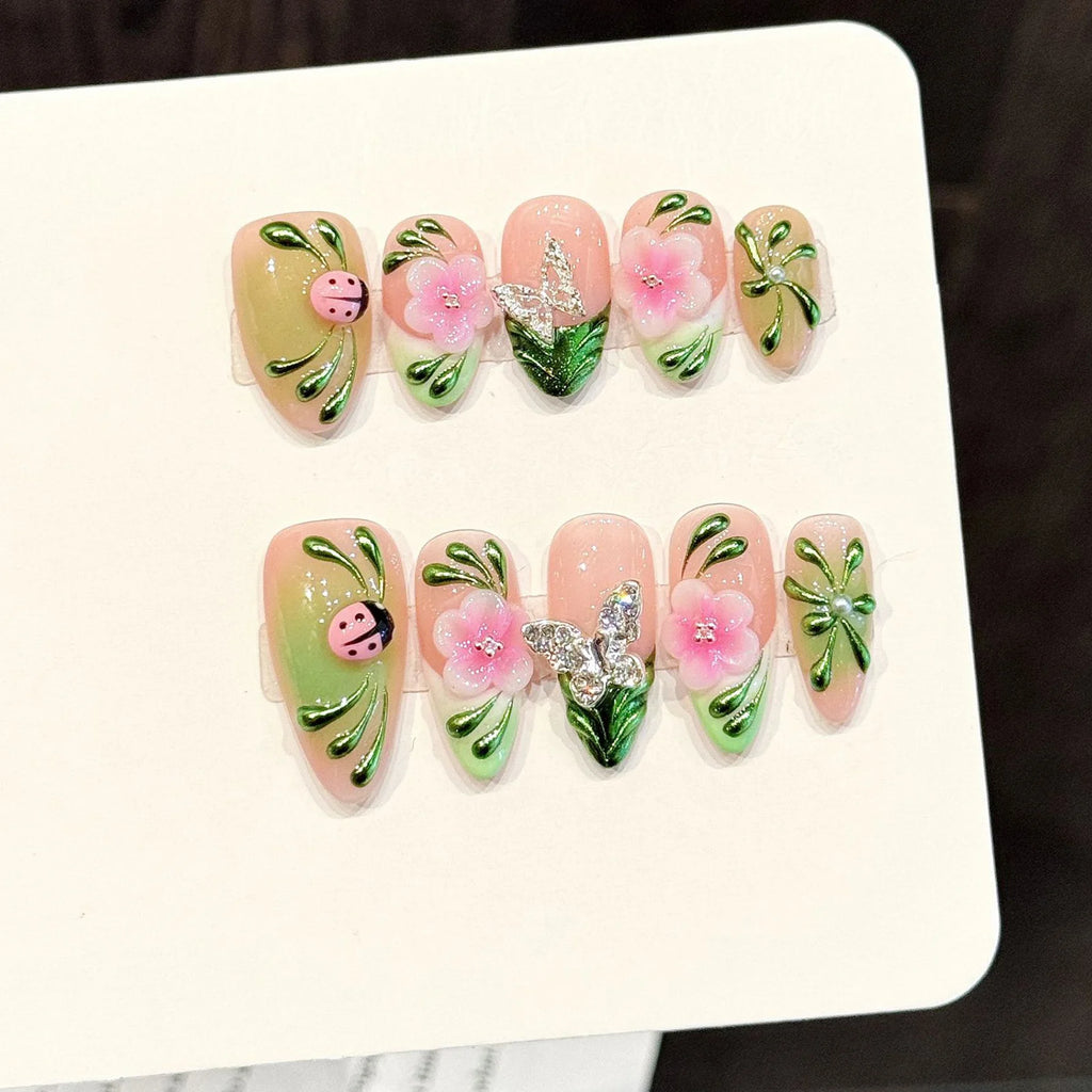 Faux ongles à pression Amande Moyen Rose Vert Dégradé Fleurs Effet Miroir - Faits main (Lot de 10)