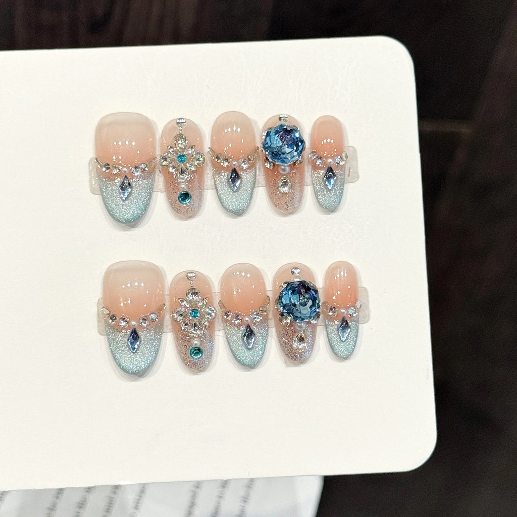 Faux ongles à pression Ovale Moyen Rose Bleu Dégradé Vent de Luxe Romantique - Faits main (Lot de 10)