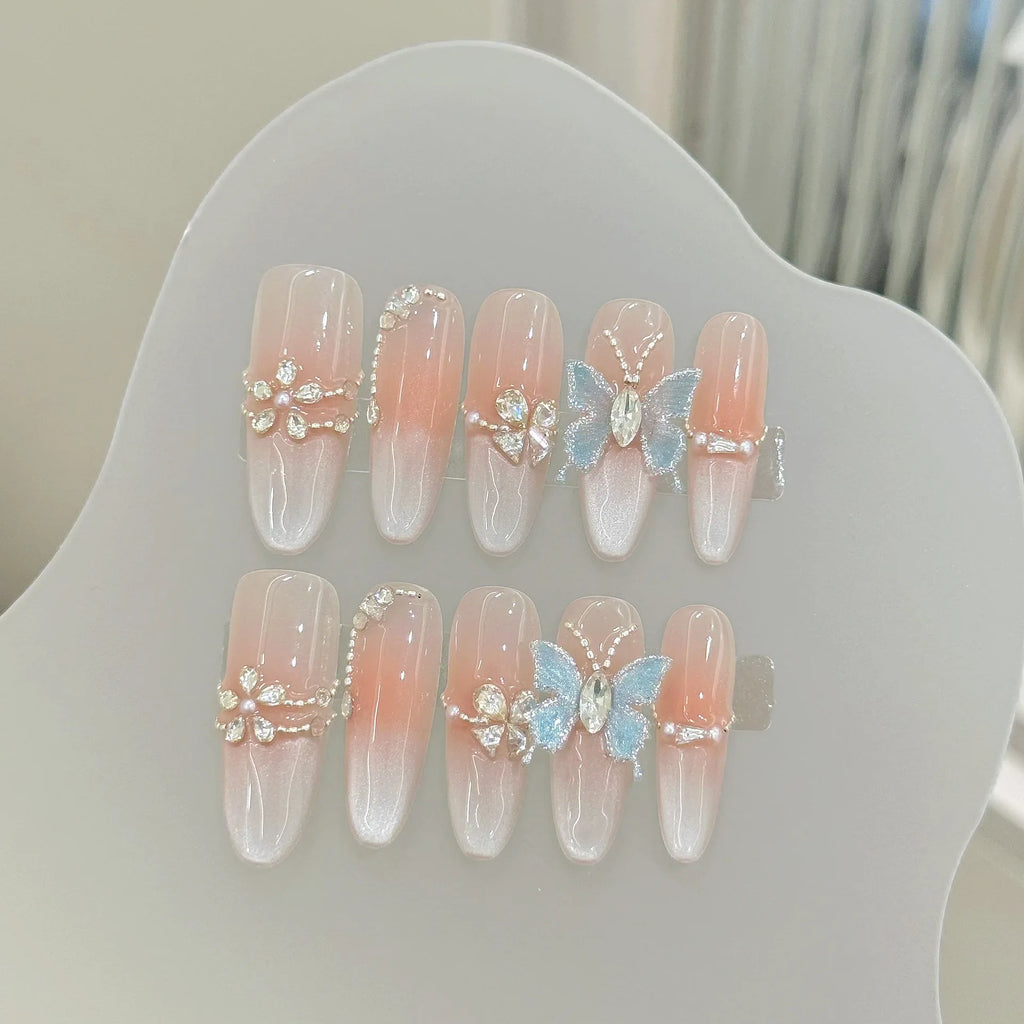 Faux ongles à pression Ovale Long Papillon Œil de Chat Élégant Tempéré - Faits main (Lot de 10)