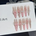 Faux ongles à pression Ovale Long Rose Nœud Perles French Coréenne - Faits main (Lot de 10)