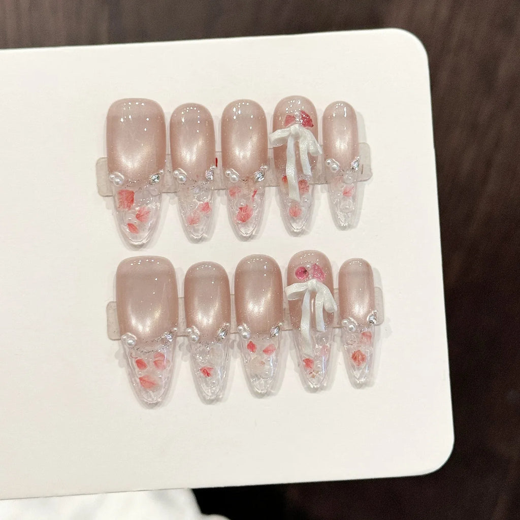 Faux ongles à pression Ovale Long Beige Rosé Strass Lumineux - Faits main (Lot de 10)
