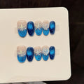 Faux ongles à pression Amande Moyen Bleu Étoile de Mer Vent Océanique - Faits main (Lot de 10)