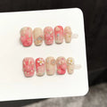 Faux ongles à pression Carré Moyen Fraise Fleurs 3D Étoiles Kawaii - Faits main (Lot de 10)