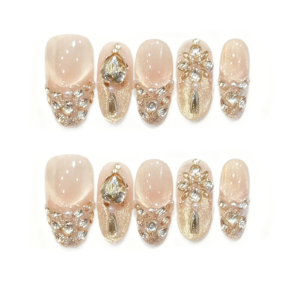 Faux ongles à pression Amande Moyen Rose Doré Strass et Cristaux Lumineux - Faits main (Lot de 10)